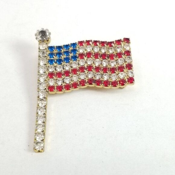 Vintage Rhinestone American Flag Brooch, Red White Blue Pride Patriotic Estate - Picture 1 of 6